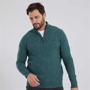 Crew Clothing Mens Lambswool Rich 1/2 Zip Cable Knit Jumper Sea Pine Marl