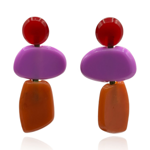 Puzzle Resin Red, Purple, Amber Multi Triple Drop Earrings