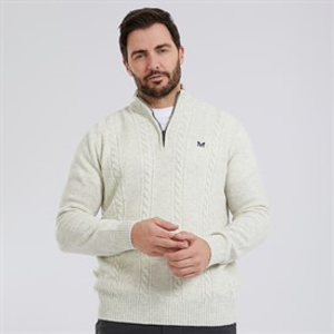 Crew Clothing Mens Lambswool Rich 1/2 Zip Cable Knit Jumper Papyrus Marl
