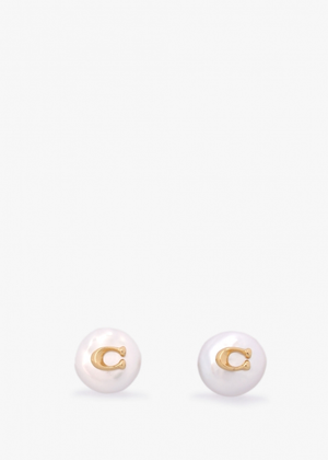 Circle Pearl C Logo Gold Stud Earrings