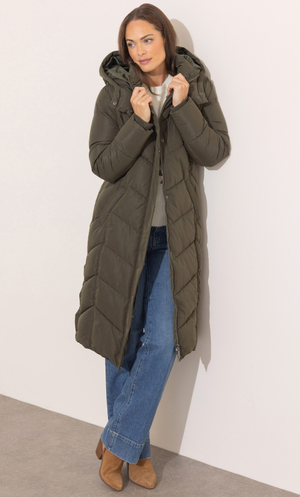 Hooded Longline Puffer Coat - Khaki