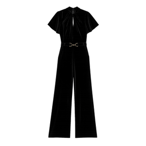 Yumi Black Velvet Jumpsuit With Twist Neckline And Buckle Belt (S)