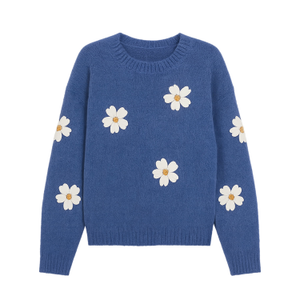 Yumi Blue Relaxed Jumper With Crochet Flowers (S)