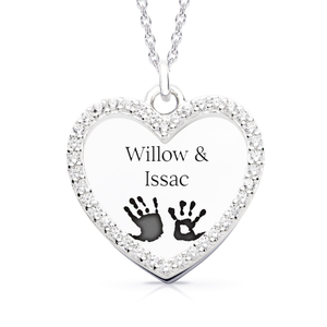 Signature Large Silver Heart & Halo Handprint/Footprint Engraving Necklace