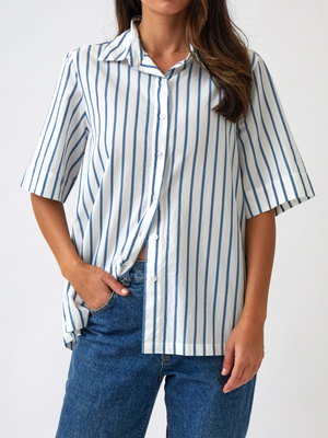 Rhodes Poplin Shirt in Blue Stripe