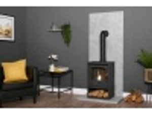 Acantha Tile & Hearth Set in Concrete Effect with OKO S2 Stove, Log Store & Tall Angled Pipe