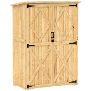 Outsunny Wooden Garden Storage Shed, Tool Storage Cabinet with Asphalt Roof and 2 Shelves for Garden Tools, Equipment, Outdoor Tool Shed with Double Doors, Natural