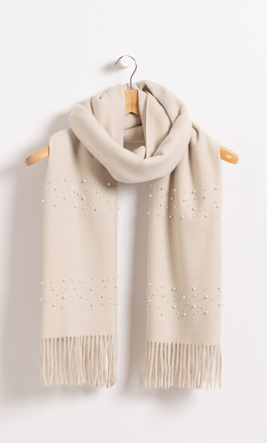 Faux Pearl Embellished Tassel Scarf - Cream