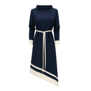 Asymmetric Midi Dress With Belt & Long Sleeves - Navy Ivory (L)