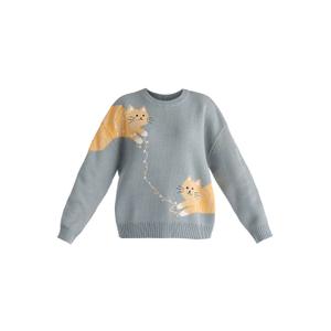 Christmas Jumper With Cat And Fairy Lights In Grey (S/M)