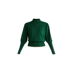 High Neck Knitted Top With Contrast Trim In Green (M)
