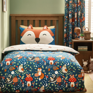 Fox and Woodland Friends Duvet Cover Set - Blue Single 200x135cm