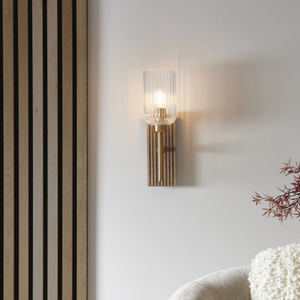 118365 Grove Wall Light Dark Beechwood & Vintage Brass With Clear Ribbed Glass