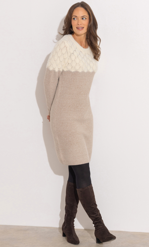 Colour Block Jumper Dress - Beige/Cream