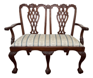 Late 20th Century Chippendale Mahogany Double Splat Settee Bench With Gustavian Style Upholstery