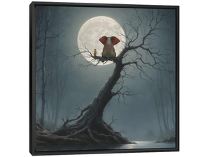 Elephant And Dog Sitting On A Tree And Looking At The Moon