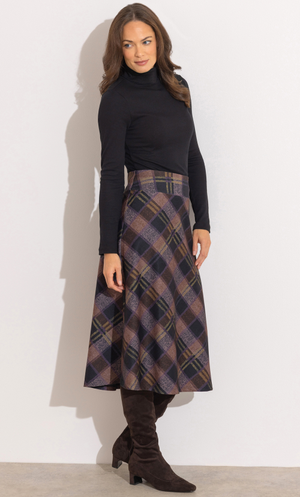 Bias Cut Checked A Line Midi Skirt - Black/Purple/Pink