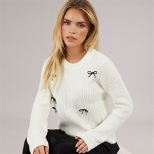 Brave Soul Womens Fisherman Crew Neck Jumper Cream/Black Bows