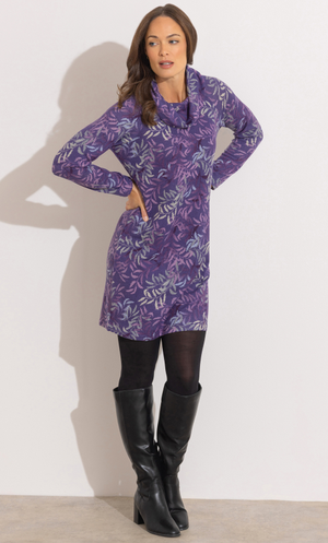 Cowl Neck Leaf Print Jumper Dress - Purple