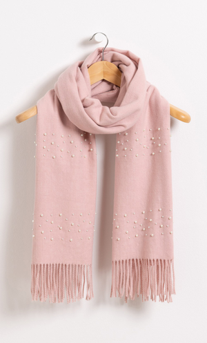 Faux Pearl Embellished Tassel Scarf - Pink