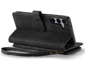 CaseMe Synthetic Leather Wallet Case with Zipper Pocket for Samsung Galaxy S25 FE - Charcoal