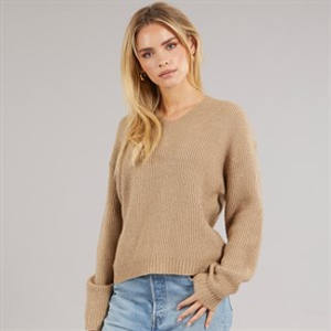 Brave Soul Womens Sydney V-Neck Fisherman Jumper Mink