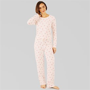 Onfire Womens Soft Touch Bow Pyjamas Ecru/Pink