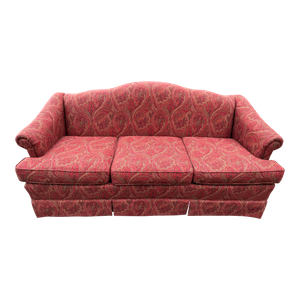 Vintage Red Damask Custom Upholstered Camelback Sofa