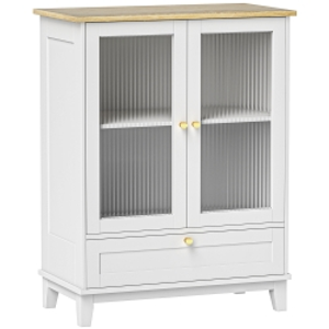 HOMCOM Aparador de Salón con Cajón y Estante Ajustable Aparador de 2 Puertas de Vidrio 68x35x85 cm Blanco y Roble