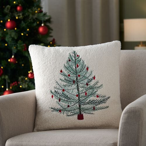 Embroidered Sherpa Tree Cushion - White