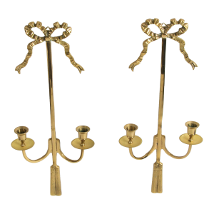 Vintage Brass Bow and Tassel Wall Sconce Candle Holder Pair