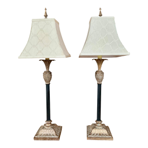 Pair of Mid 20th Century Empire Style Table Lamps With Fluted Black Columns