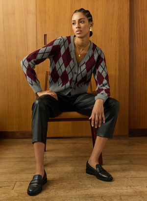 Clemence Wool Blend Argyle Cardigan - UK 12 | EU 38 | US 08 / Grey & Burgundy