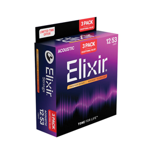 Elixir E16569 Phosphor Bronze Nanoweb Acoustic Guitar Strings - 12-53 Light Gauge, 3-Pack