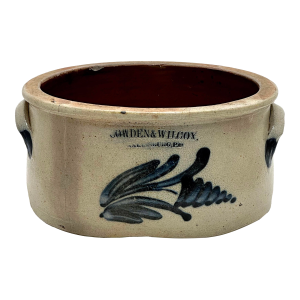 Antique Mid 1800s American Blue Decorated Stoneware Butter Crock by Cowden & Wilcox in Harrisburg Penn.