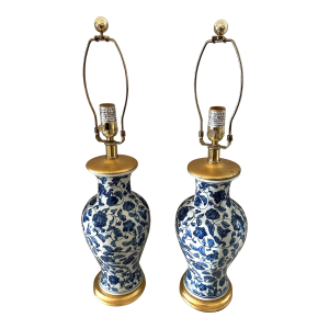 1990s Pair of Ralph Lauren Blue & White Ginger Jar Table Lamps