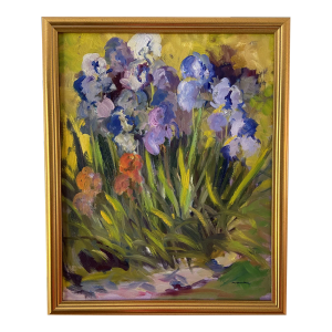Contemporary Impressionist Plein Air Garden Iris Oil Painting by Marina Movshina