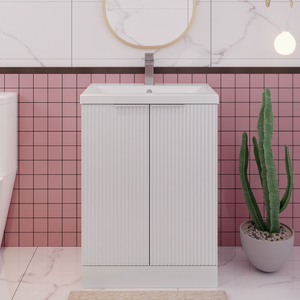 Hudson Reed Fluted Floor Standing 2-Door Vanity Unit with Basin 1 600mm Wide - Satin White