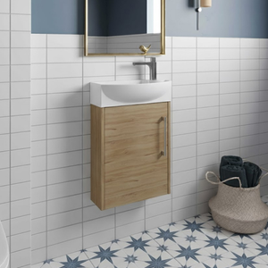 Hudson Reed Juno Compact LH Wall Hung Vanity Unit and Basin 440mm Wide - Autumn Oak