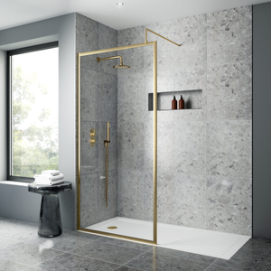 Hudson Reed Full Outer Framed Wetroom Screen 1000mm W x 1950mm H with Support Bar 8mm Glass - Brushed Brass