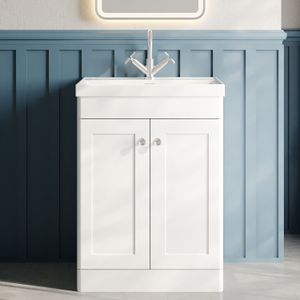 Nuie Classique Floor Standing 2-Door Vanity Unit with 1TH Minimalist Basin 600mm Wide - Satin White