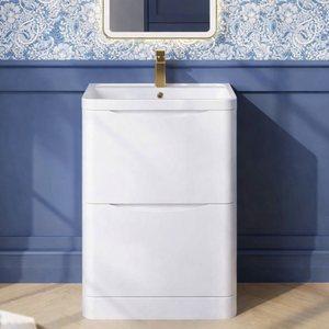Nuie Lunar Floor Standing 2-Drawer Vanity Unit with Polymarble Basin 600mm Wide - Satin White