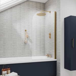 Nuie Pacific Brushed Brass Profile Round Top Hinged Bath Screen 1430mm H x 790mm W - 6mm Glass