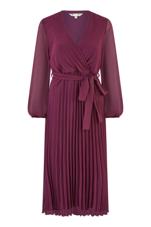 Yumi Plum Pleated Wrap Midi Dress With Sheer Long Sleeves (M)