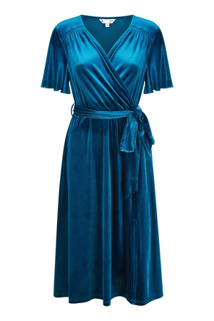 Yumi Teal Wrap Over Midi Dress With Angel Sleeves & Split Hem (L)