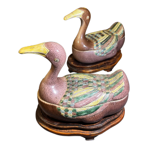 Pair of Antique Chinese Export Glazed Porcelain Duck Tureens