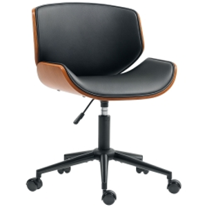 HOMCOM Silla de Escritorio sin Brazos Vintage Giratoria Tapizada en PU Madera Curvada Altura Ajustable Negro y Marrón