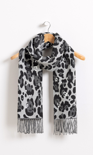 Foil Animal Print Tassel Scarf - Black/Grey