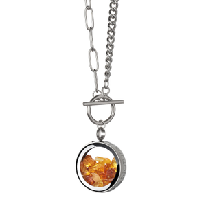 Handmade Genuine Amber Stones Pendant Necklace – Stainless Steel Toggle Chain