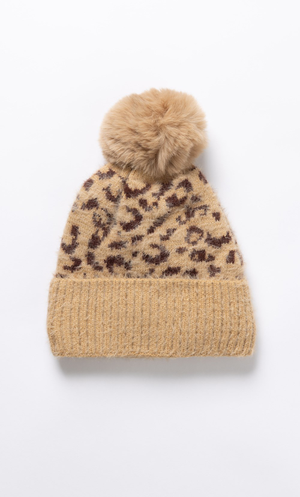 Animal Print Pom Pom Beanie - Tan